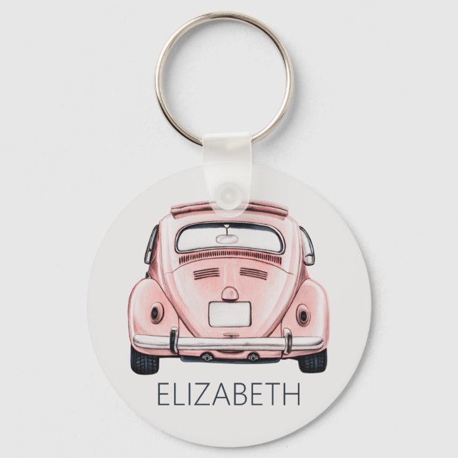 Pink Classic Vintage Buggy Bug Car Personalized Keychain (Front)