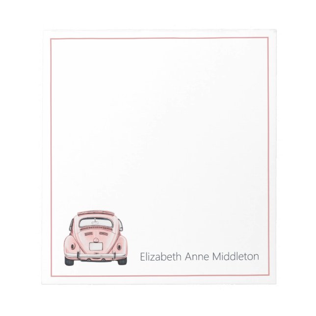 Pink Classic Vintage Buggy Bug Car Personalized Notepad (Front)