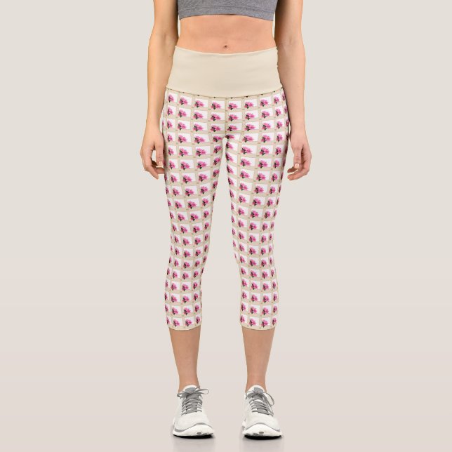 Pink clematis flower illustration square beige capri leggings (Front)