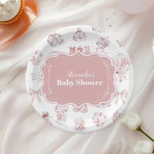 Pink Clothes Toile De Jouy  Baby Shower Paper Plate (Creator Uploaded)