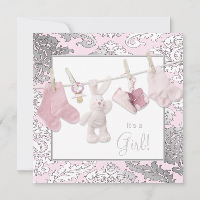 Pink Clothesline Baby Girl Shower Invitation (Front)