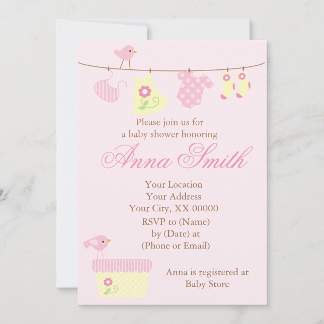 Pink Clothesline Baby Shower Invitation (Front)
