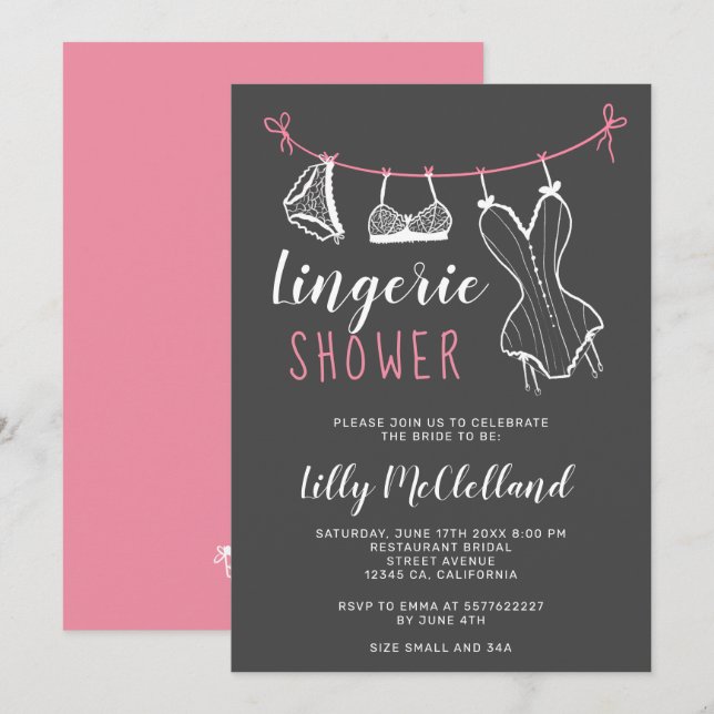 Pink clothesline chic lingerie bridal shower invitation (Front/Back)