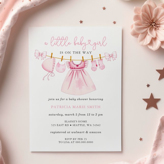 Pink Clothesline Coquette Bow Girl Baby Shower Invitation (Pink Baby Girl Baby Shower Invitations)