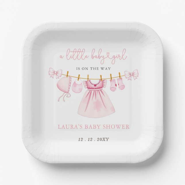 Pink Clothesline Coquette Bow Girl Baby Shower Paper Plate (Front)