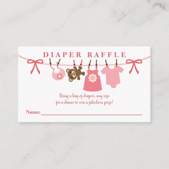Pink Clothesline Girl Baby Shower Diaper Raffle Enclosure Card (Front)
