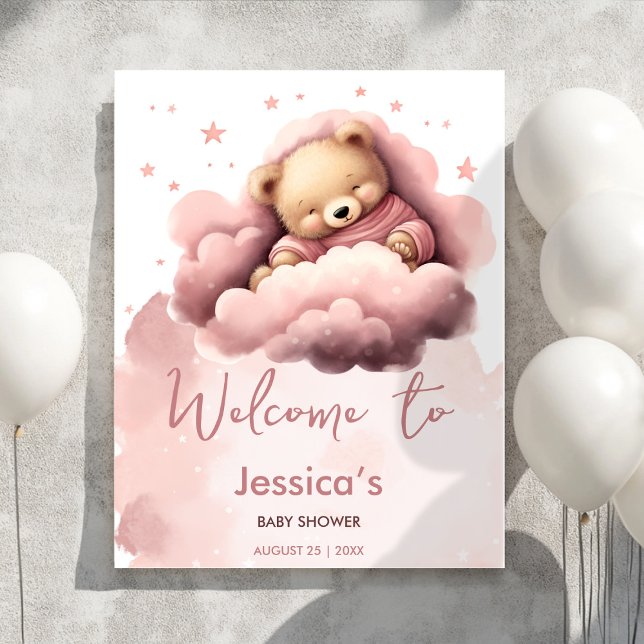 Pink cloud cute bear baby shower welcome poster (Cute sleeping bear in pink clouds baby shower)