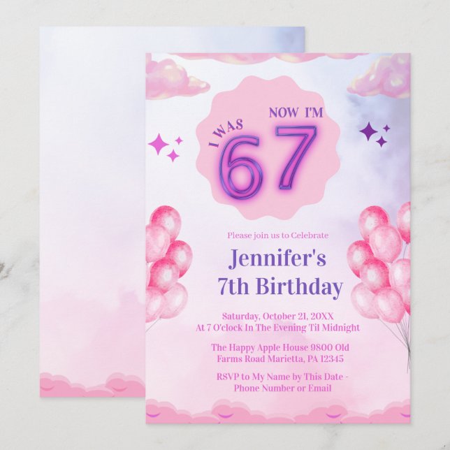 Pink Cloud “I Was 6 Now I’m 7” Girl Birthday Invitation (Front/Back)
