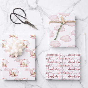 Pink cloud nine teddy bear girl baby shower wrapping paper sheet