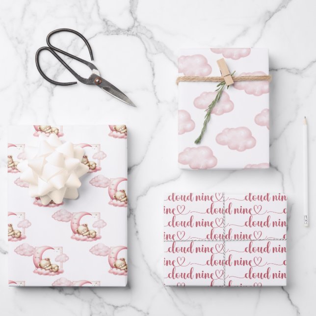 Pink cloud nine teddy bear girl baby shower wrapping paper sheet (Front)