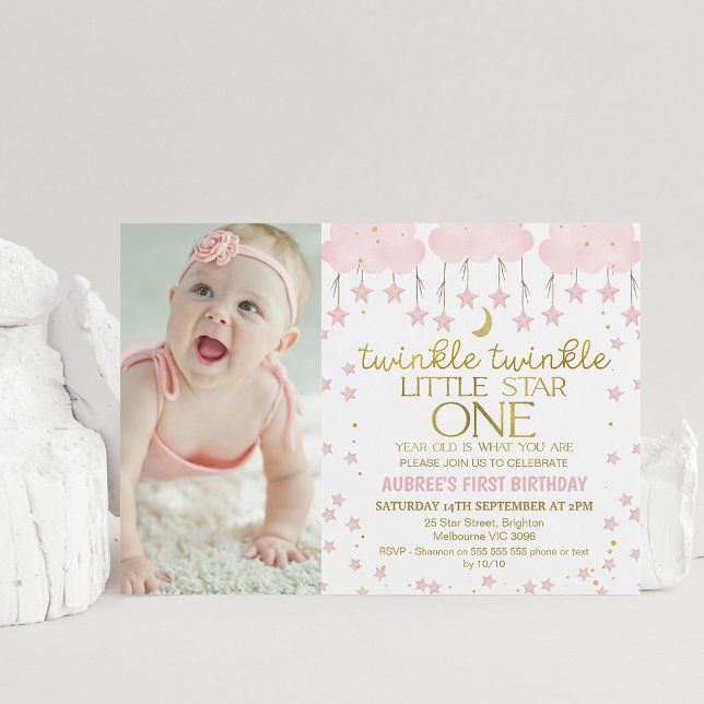 Pink Cloud Twinkle Twinkle Star Photo 1st Birthday Invitation (Twinkle little star first birthday invitation for girl's featuring pink clouds, stars and photo.)