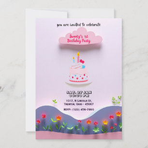 Pink Cloud with Birthday Cake and Plants Invitation