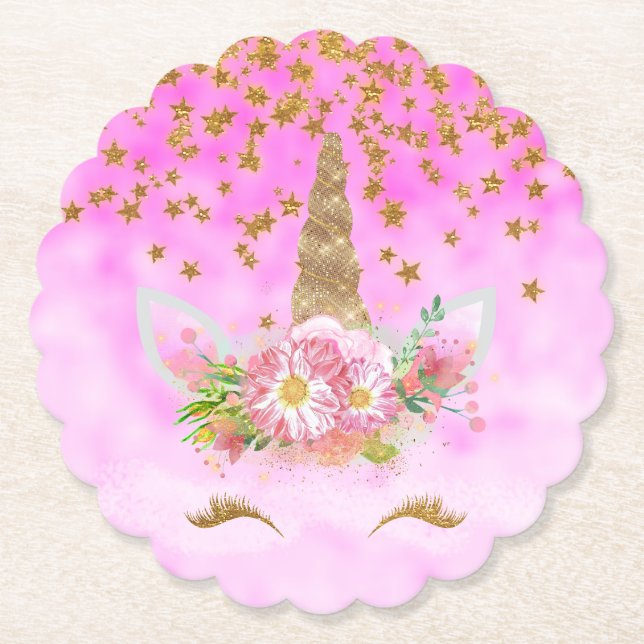 Pink Clouds and Gold Stars Unicorn Paper Coaster (Front)