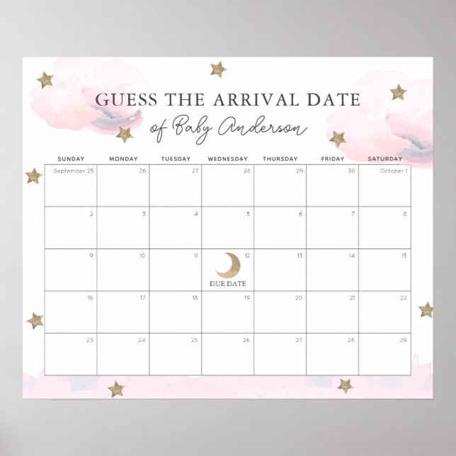 Pink Clouds & Stars Guess The Due Date Calendar Poster (Front)