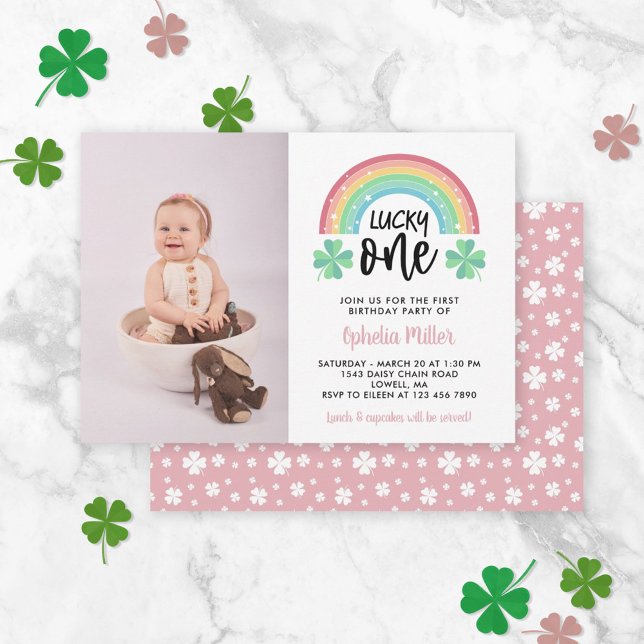 Pink Clover & Rainbow Lucky One Photo 1st Birthday Invitation (Creator Uploaded)