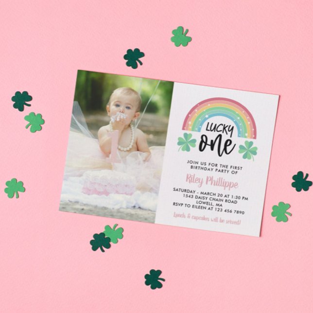 Pink Clover & Rainbow Lucky One Photo 1st Birthday Invitation (Creator Uploaded)