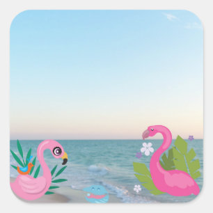 Pink Coastal Flamingos with Tropical Shore  Square Sticker