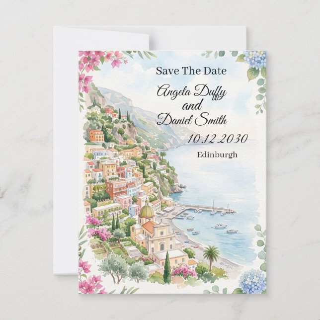 Pink Coastal Floral Save The Date Card (Front)