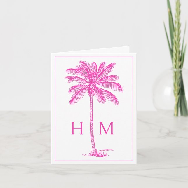 Pink Coastal Palmetto Palm Monogram Note Card (Front)