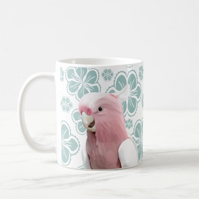 Pink Cockatoo on Blue Flowers Coffee Mug (Left)