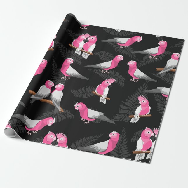Pink cockatoos bird pattern wrapping paper (Unrolled)