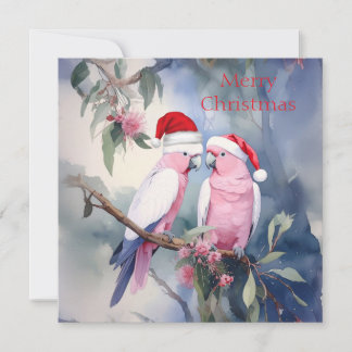 Pink Cockatoos Santa Hat Merry Christmas Holiday Card