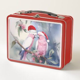 Pink Cockatoos Santa Hat Merry Christmas Metal Lunch Box