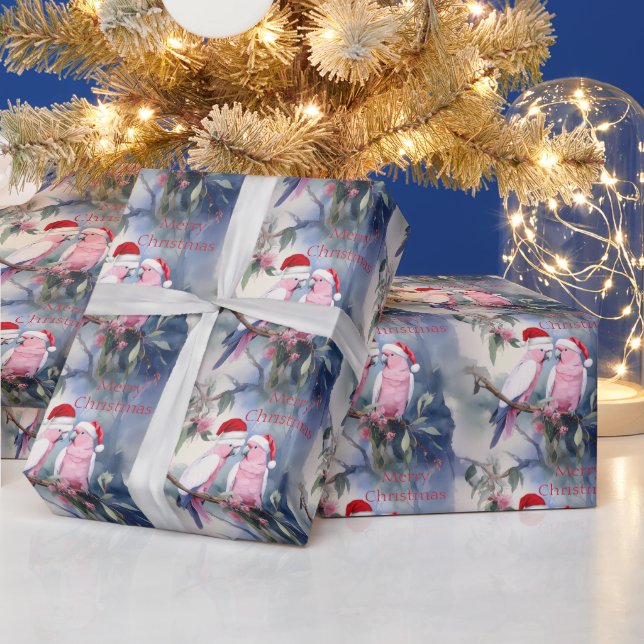 Pink Cockatoos Santa Hat Merry Christmas Wrapping Paper (Holidays)