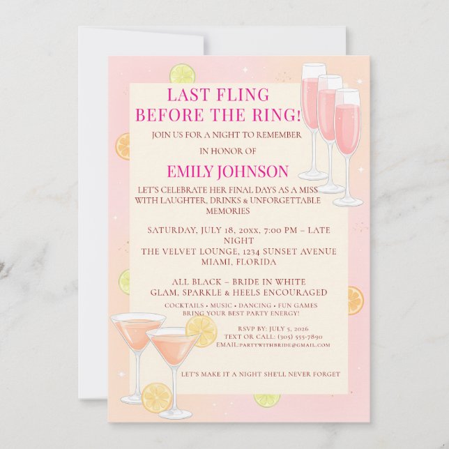 Pink Cocktail Bachelorette Party Invitation (Front)