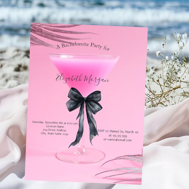  Pink Cocktail Black Bow Bachelorette Party Invitation (Creator Uploaded)