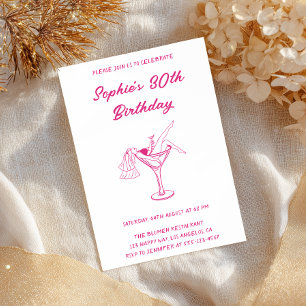 Pink Cocktail Party 30th Birthday   Retro Martini  Invitation
