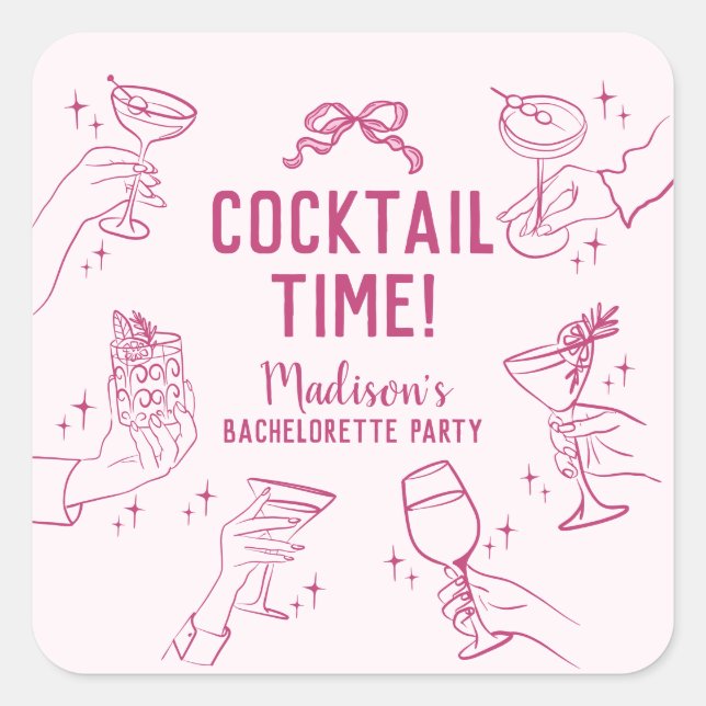Pink Cocktail Party Bachelorette Envelope Favour Square Sticker (Front)