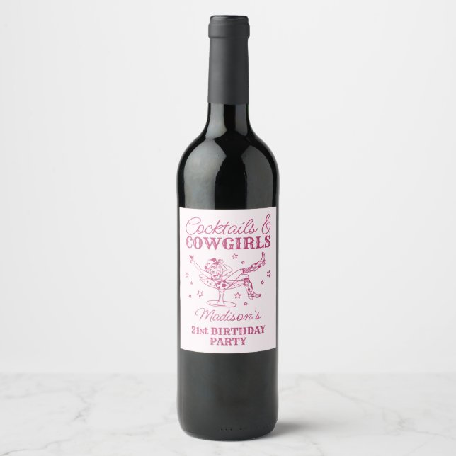 Pink Cocktails and Cowgirls Rodeo Birthday Wine Label (Front)