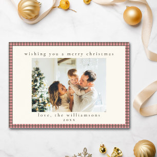 Pink Cocoa Brown Gingham Check Family Christmas Holiday Card
