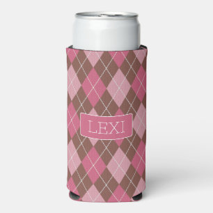Pink / Coffee Diamond Argyle Pattern - your Name Seltzer Can Cooler