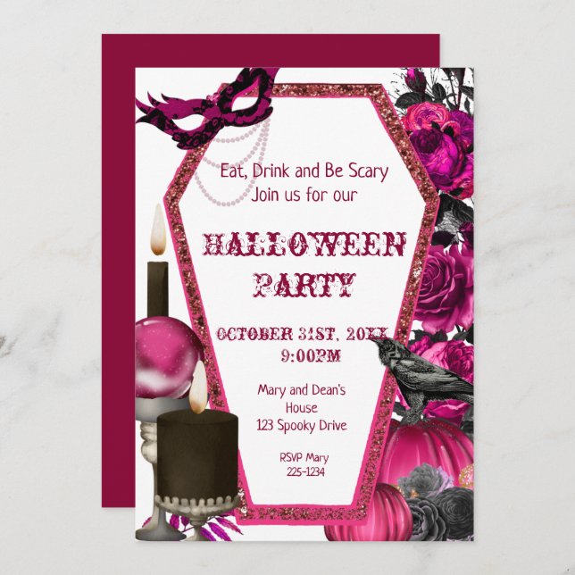 Pink Coffin Halloween, Floral Invitation (Front/Back)