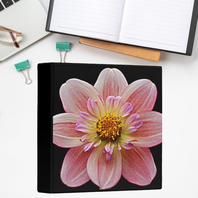 Pink Collarette Dahlia on Black Floral Binder (In Situ Office)