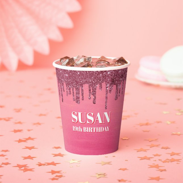 Pink color faux glitter birthday paper cups (Insitu)