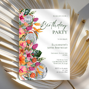 Pink Colorful Tropical Flowers Disco Ball Birthday Invitation