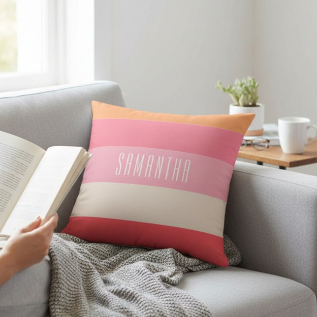 Pink Colour Block Monogram Striped Throw Pillow (Creator Uploaded)