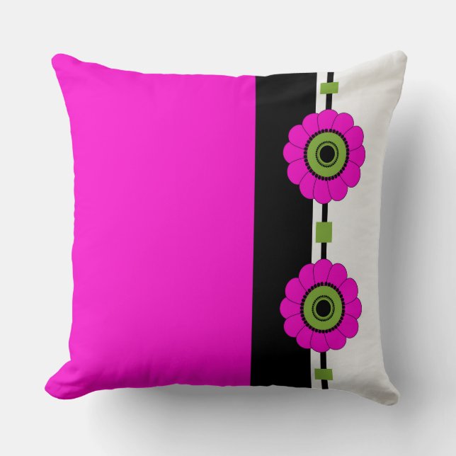 Pink Colour Blocked and Floral Throw Pillow (Front)