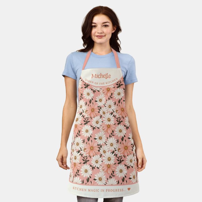 Pink colour daisies botanical personalized apron (Worn)