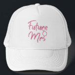 Pink colour Future Mrs Trucker Hat<br><div class="desc">Sparkling pink Future Mrs design is great for Bridal Shower or Bachelorette party,  engagement parties and photo shoots. The last name can be easily changed. Future Mrs lettering available in 6 luscious vibrant colours to match your outfit and party colour theme: Blue,  Gold,  Silver,  Rose gold,  Violet,  Turquoise.</div>