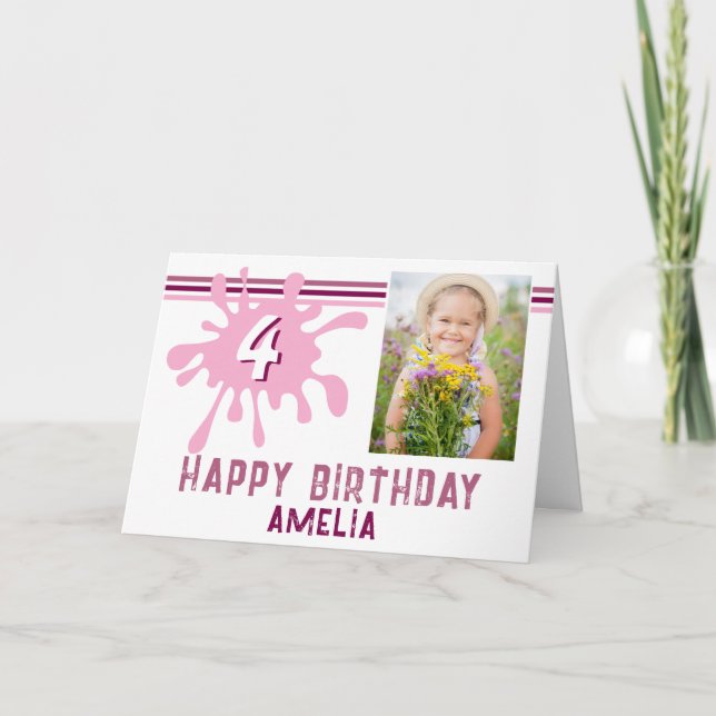 Pink Colour Splash 3 Photo Birthday Card for Girls (Front)