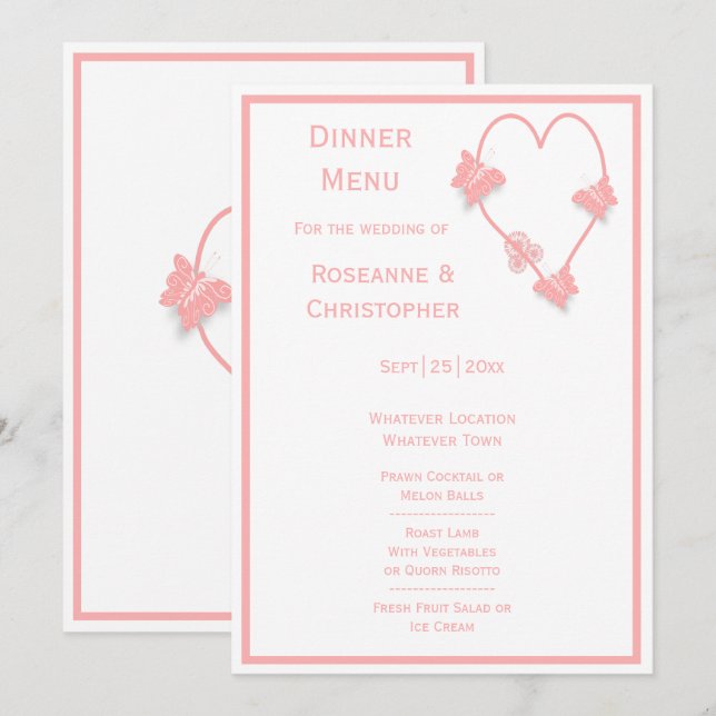 Pink Coloured Butterflies Heart Design Wedding Menu (Front/Back)