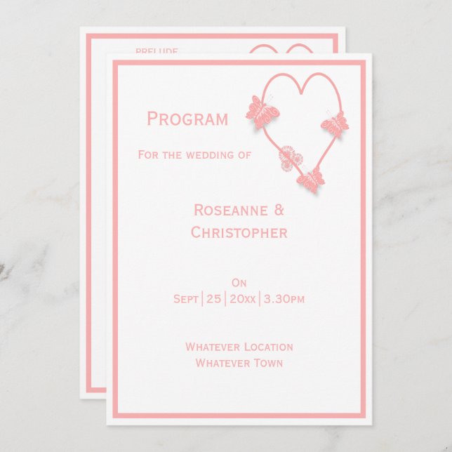 Pink Coloured Butterflies Heart Design Wedding Program (Front/Back)