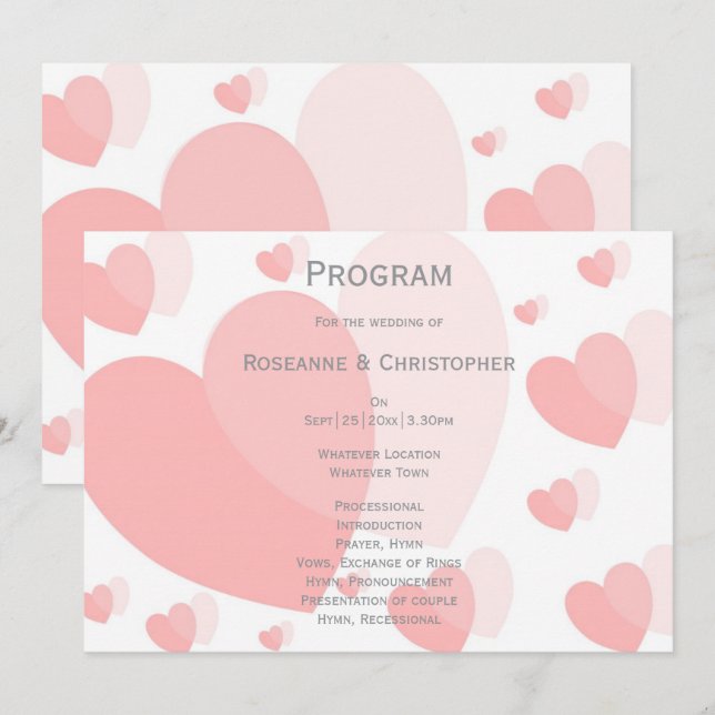 Pink Coloured Hearts Design Wedding Program (Front/Back)