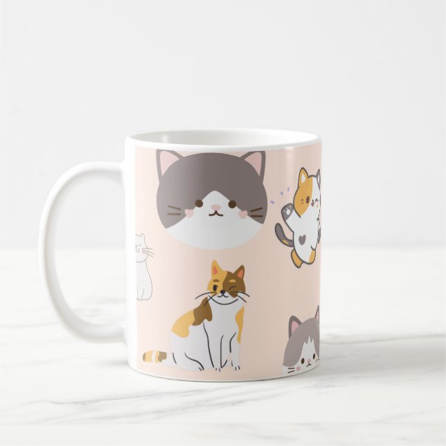 Pink Colourful Cat Pattern  Coffee Mug (Left)