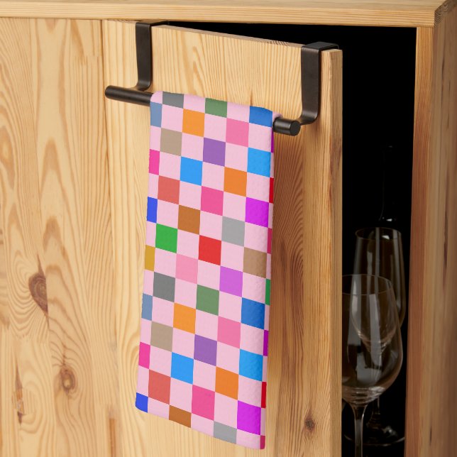 Pink Colourful Chequered Pattern  Kitchen Towel (Thirds Fold)