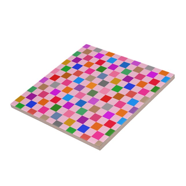 Pink Colourful Chequered Pattern  Tile (Side)